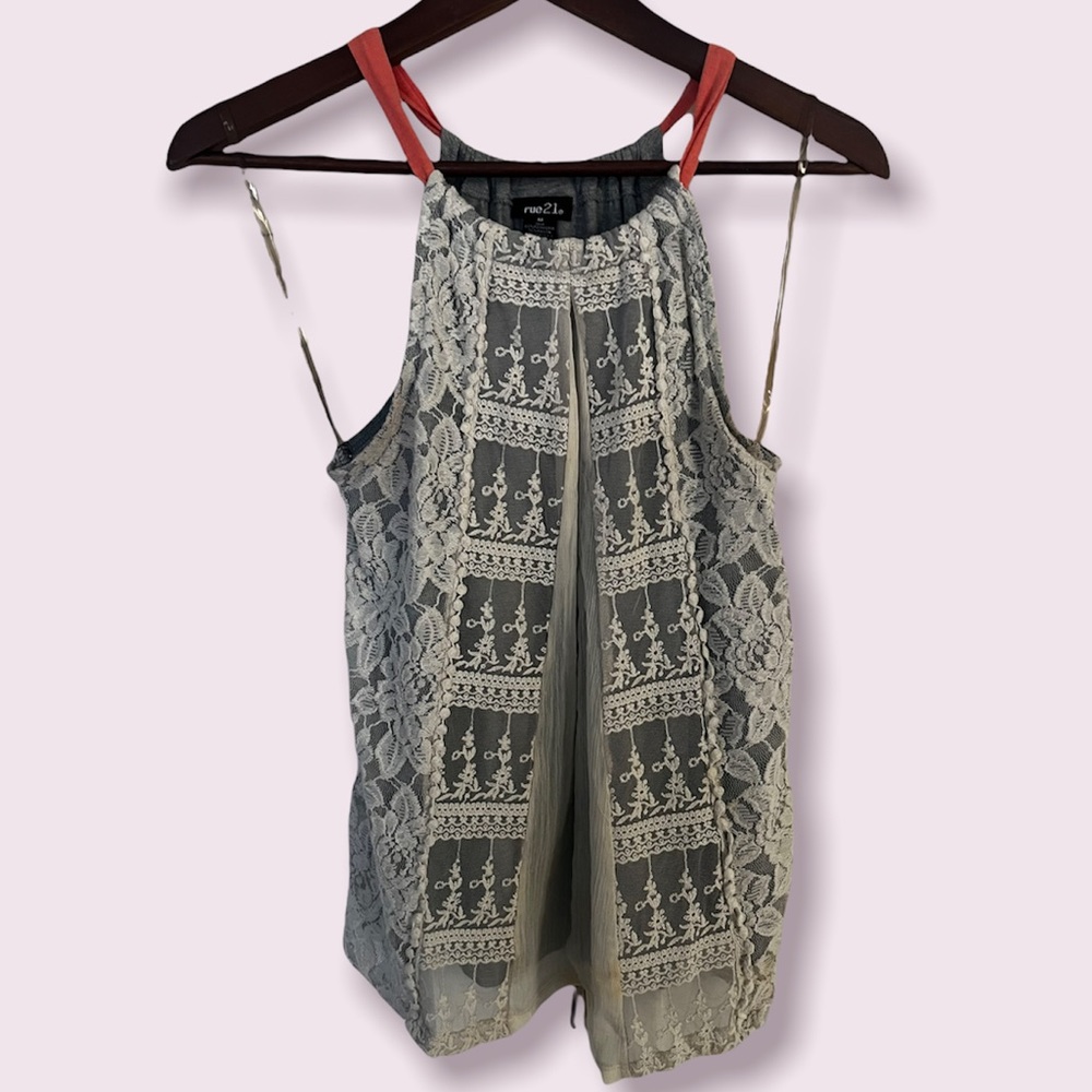 Rue 21 Grey Tank Top with Lace Overlay